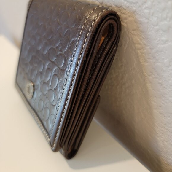 Coach Brown Signature Embossed Leather Trifold Wallet - Picture 2 of 10